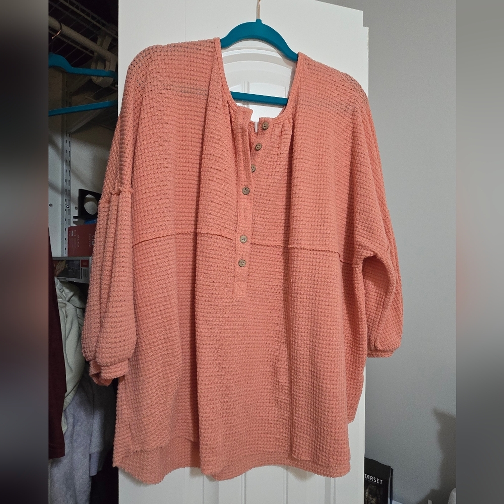 Chic Soul Coral Button-Up Waffle Knit Top